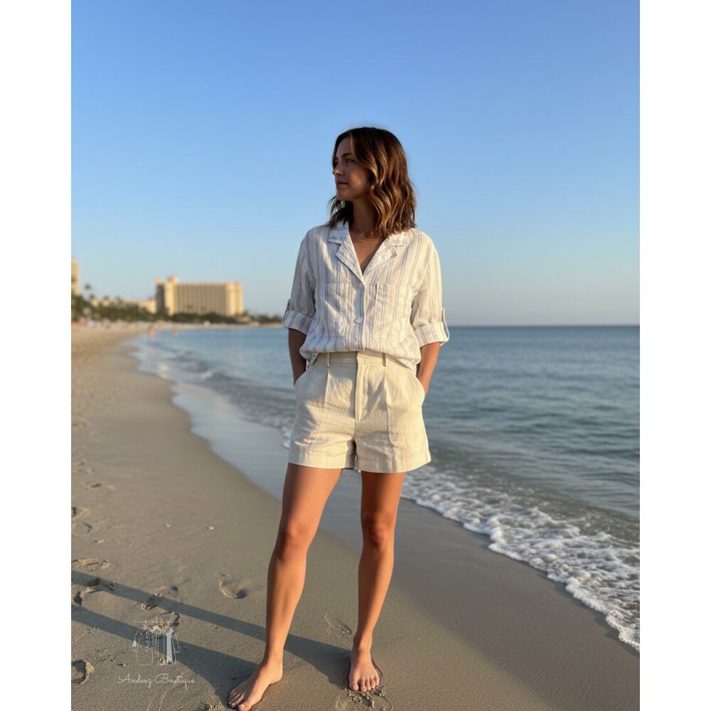 Buffalo David Bitton Women's Linen Blend Shirt White Blue Striped Large NWOT